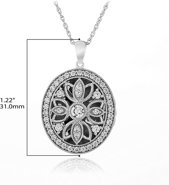 925 Sterling Silver Cubic Zirconia Oval Filigree Locket Pendant