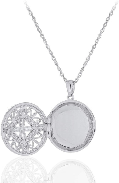 .925 Sterling Silver Cubic Zirconia Round Open Filigree Locket Pendant  Necklace with 18