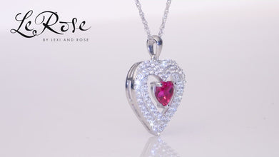 .925 Sterling Silver Heart Cut Lab-Grown Ruby & Round Lab-Grown White Sapphire Heart Inside Double Row Halo Frame Pendant Necklace - 18”