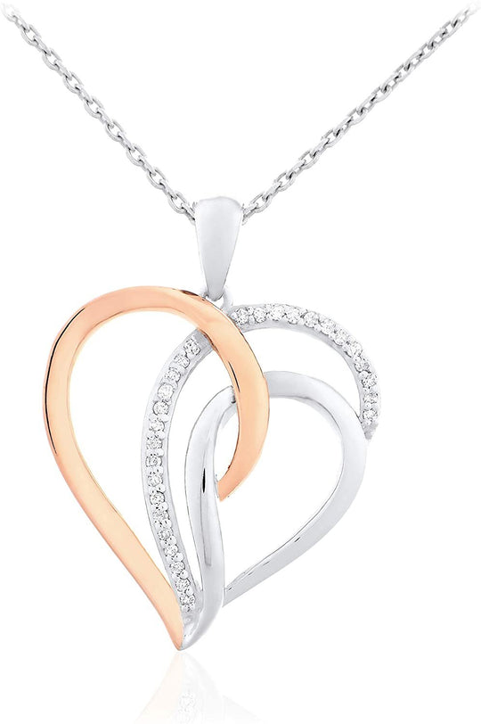 14K Rose Gold Plated .925 Sterling Silver 1/10 Cttw Diamond Two in One Overlapping Open Hearts Pendant Necklace - 20” (I-J Color, I2-I3 Clarity)