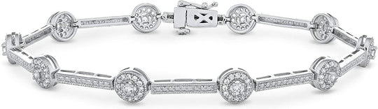 .925 Sterling Silver Cubic Zirconia Round Halo Station and Bar Alternating Link Tennis Bracelet - 7-1/4"