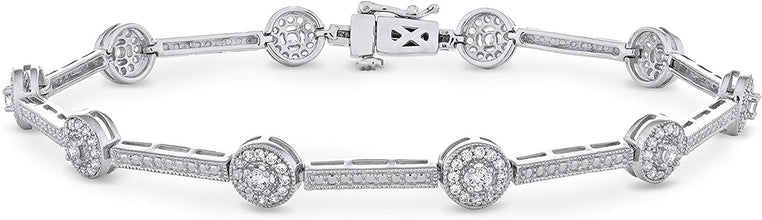 .925 Sterling Silver Cubic Zirconia Round Halo Station and Bar Alternating Link Tennis Bracelet - 7-1/4