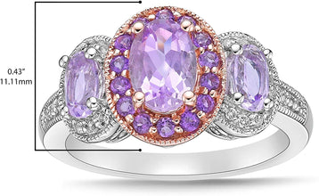 Two Tone 10K Rose Gold & .925 Sterling Silver, Oval Cut Rose de France, Amethyst, and White Topaz Three Stone Halo Anniversary or Engagement Ring