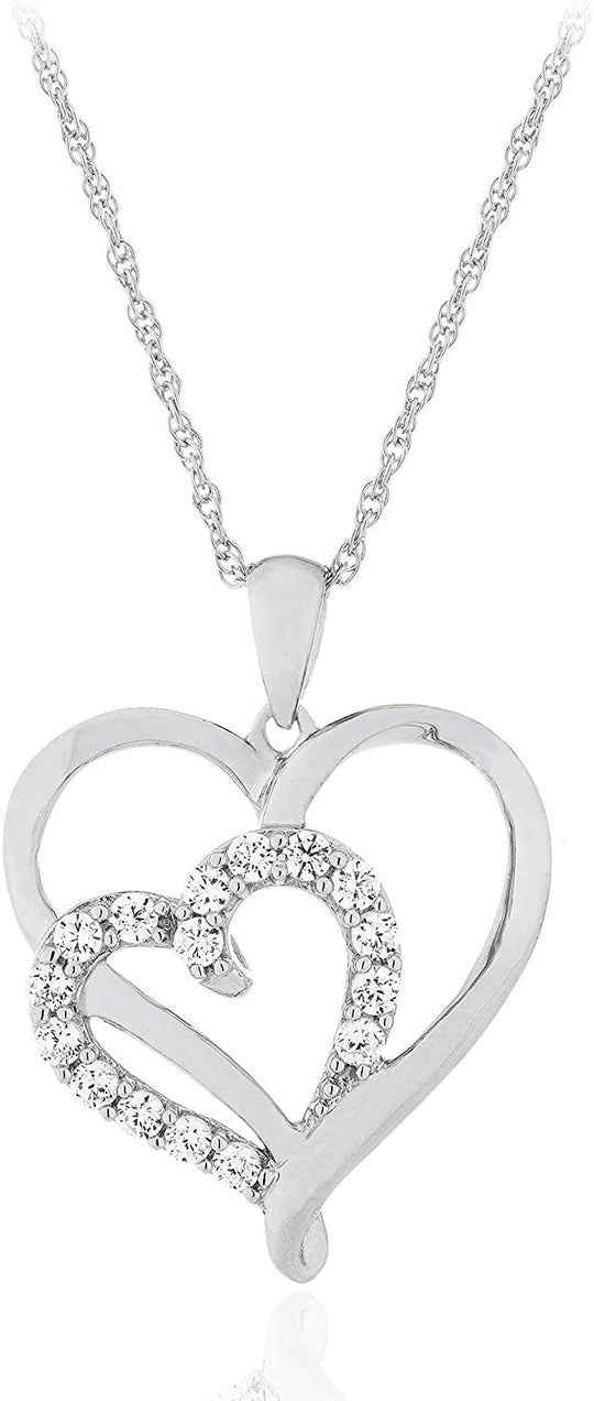 .925 Sterling Silver Cubic Zirconia Nesting Hearts Pendant Necklace with 18" Rope Chain