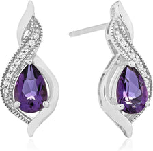 .925 Sterling Silver Pear-Shaped Birthstone & Lab-Grown White Sapphire or CZ Milgrain Twist Stud Drop Earrings - Choice of Gem Color/Month