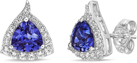 .925 Sterling Silver Trillion Cut Birthstone & Created White Sapphire Halo Stud Earrings - Choice of Birthstone/Month