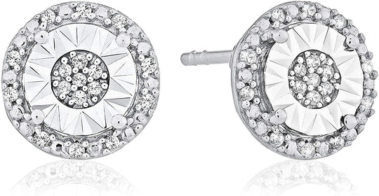 .925 Sterling Silver 1/10 Cttw Diamond Round Miracle Set Halo Pushback Stud Pierced Earrings (I-J Color, I2-I3 Clarity)