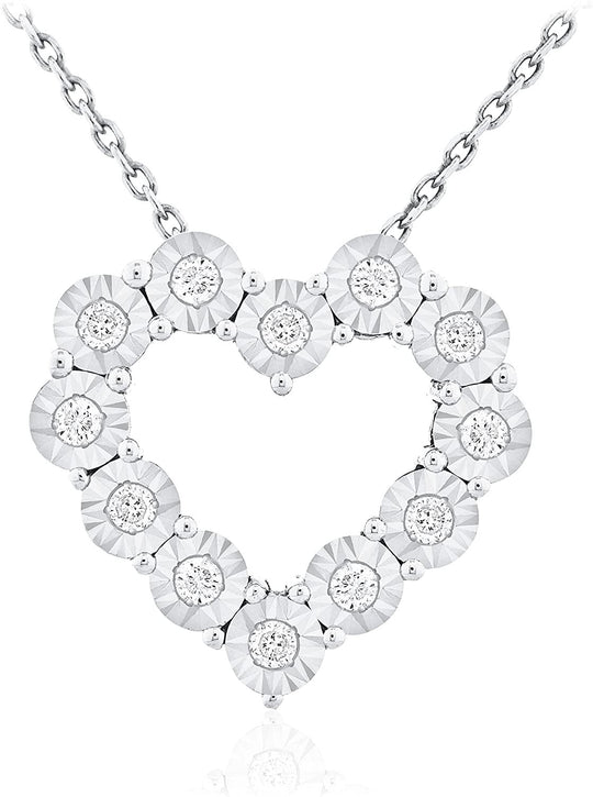 .925 Sterling Silver 1/4 Cttw Diamond Miracle Set Open Heart Pendant Necklace with Cable Chain - 20” (I-J Color, I2-I3 Clarity)