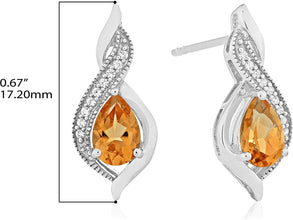 .925 Sterling Silver Pear-Shaped Birthstone & Lab-Grown White Sapphire or CZ Milgrain Twist Stud Drop Earrings - Choice of Gem Color/Month