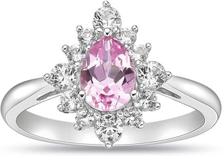 .925 Sterling Silver, Pear Cut Lab-Grown Gemstone & Round Lab-Grown White Sapphire Halo Teardrop Engagement Ring - Choice of Gem Color