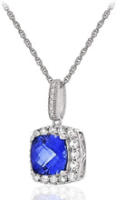 .925 Sterling Silver, Cushion Cut Lab-Grown Blue Sapphire & Lab-Grown White Sapphire Halo Drop Style Pendant Necklace - 18”