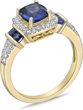 10K Yellow Gold, Cushion and Princess Cut Lab Created Gemstone & Lab Created White Sapphire Halo Fluted Engagement Ring - Choice of Color