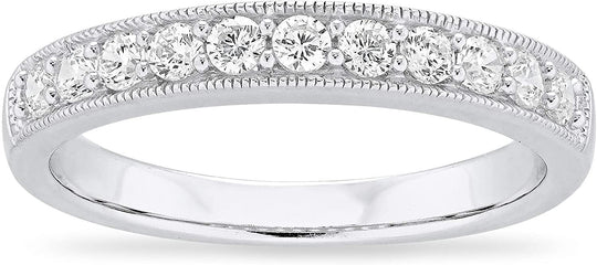 .925 Sterling Silver & Round Cubic Zirconia Half Eternity Milgrain Beaded Stackable Wedding Band Ring