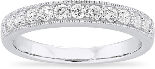 .925 Sterling Silver & Round Cubic Zirconia Half Eternity Milgrain Beaded Stackable Wedding Band Ring