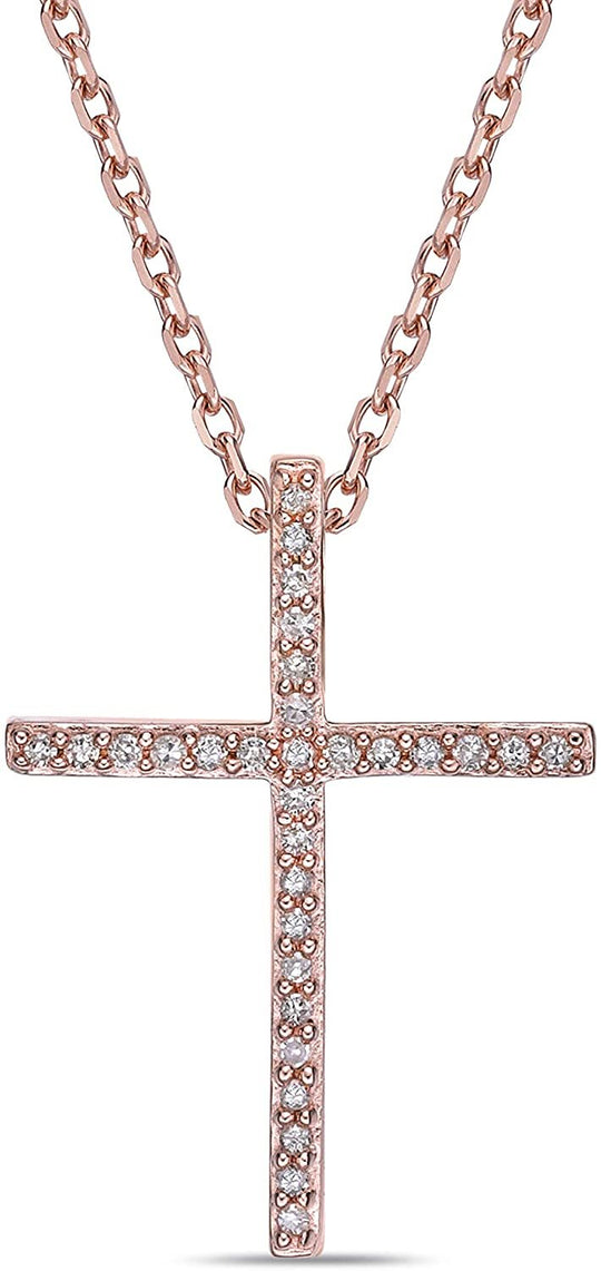 14K Rose Gold Plated .925 Sterling Silver 1/10 Cttw Diamond Latin Style Straight Cross Pendant Necklace - 20” (I-J Color, I2-I3 Clarity)