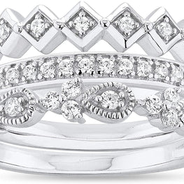 .925 Sterling Silver Round Cubic Zirconia Half-Eternity, Milgrain Pear and Geometric Square Stacking Bands - 3-Ring Set