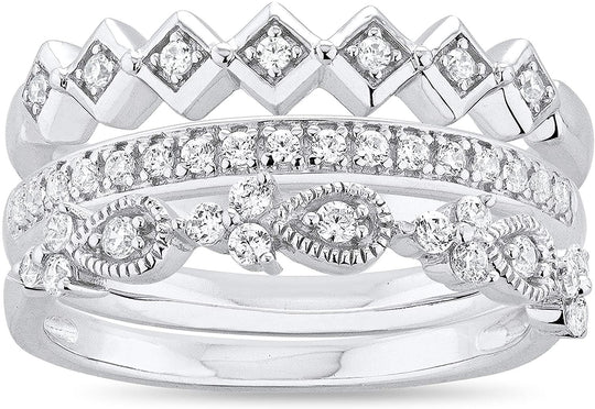 .925 Sterling Silver Round Cubic Zirconia Half-Eternity, Milgrain Pear and Geometric Square Stacking Bands - 3-Ring Set
