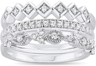 .925 Sterling Silver Round Cubic Zirconia Half-Eternity, Milgrain Pear and Geometric Square Stacking Bands - 3-Ring Set
