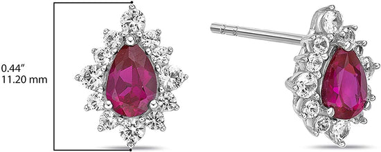 .925 Sterling Silver, Pear Cut Lab-Grown Gemstone & Round Lab-Grown White Sapphire Halo Teardrop Drop Style Stud Earrings - Choice of Gem Color