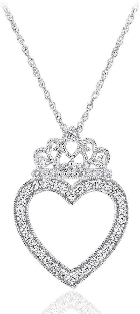 .925 Sterling Silver Cubic Zirconia Tiara Heart Pendant Necklace with 18" Rope Chain
