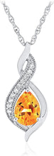 Sterling Silver Pear Birthstone & Lab Grown White Sapphire or CZ Milgrain Twist Pendant Necklace with 18