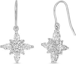 .925 Sterling Silver Round and Marquise Cut White Cubic Zirconia Snowflake 20” Pendant Necklace and Hook Back Dangle Earrings Matching Jewelry Set