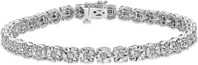 .925 Sterling Silver Diamond Accented Miracle Set Cluster Links with Silver Studs Tennis Bracelet (I-J Color, I2-I3 Clarity) - 7-1/4