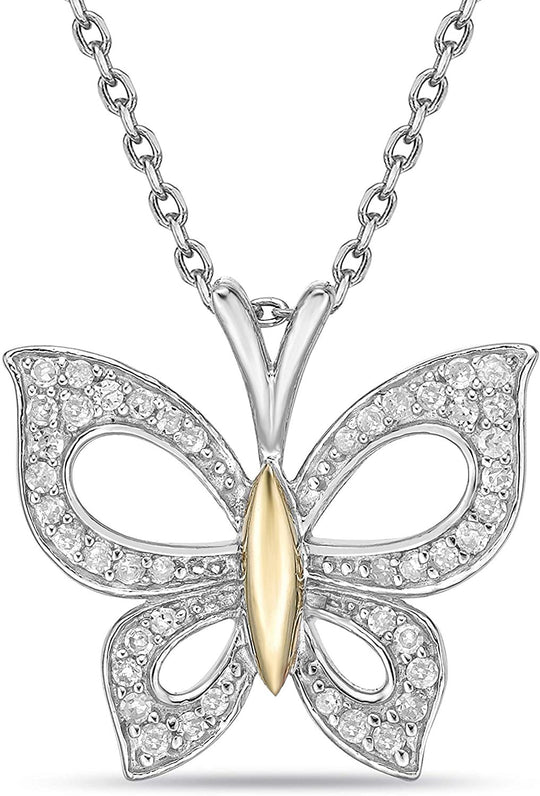 10K Yellow Gold & .925 Sterling Silver 1/5 Cttw Diamond Butterfly Dangling Pendant Necklace with Cable Chain - 20” (I-J Color, I2-I3 Clarity)