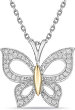 10K Yellow Gold & .925 Sterling Silver 1/5 Cttw Diamond Butterfly Dangling Pendant Necklace with Cable Chain - 20” (I-J Color, I2-I3 Clarity)