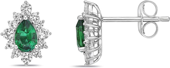 .925 Sterling Silver, Pear Cut Lab-Grown Gemstone & Round Lab-Grown White Sapphire Halo Teardrop Drop Style Stud Earrings - Choice of Gem Color