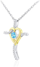 Two Tone 14K Yellow Gold Plated .925 Sterling Silver, Dangling Gemstone & Lab Grown White Sapphire Heart Cross Pendant Necklace 20” - Choice of Color