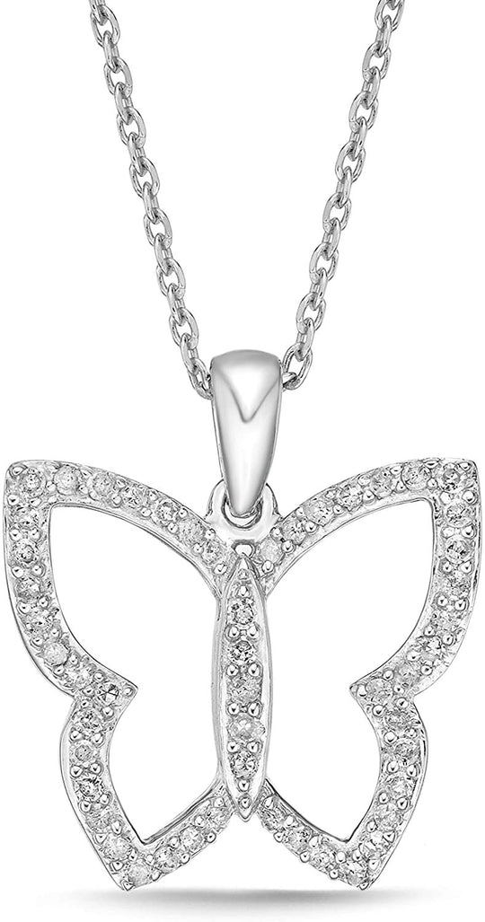 .925 Sterling Silver 1/4 Cttw Diamond Butterfly Dangling Pendant Necklace with Cable Chain - 20” (I-J Color, I2-I3 Clarity)