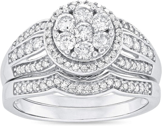 10K White Gold 3/4 Cttw Diamond Cluster Halo 3 Row Split Shank Engagement Ring & Wedding Band Bridal Set (H-I Color, I1-I2 Clarity)