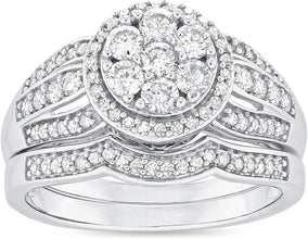 10K White Gold 3/4 Cttw Diamond Cluster Halo 3 Row Split Shank Engagement Ring & Wedding Band Bridal Set (H-I Color, I1-I2 Clarity)