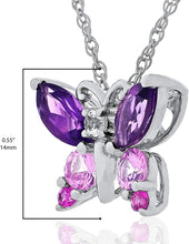 .925 Sterling Silver, Marquise Cut Purple Amethyst & Created Pink and White Sapphire Butterfly Pendant Necklace with Rope Chain - 20”