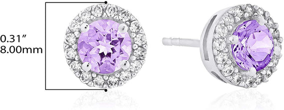 .925 Sterling Silver Birthstone and Lab Grown White Sapphire or CZ Halo Stud Earrings - Choice of Gem Color/Month