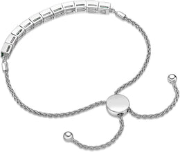 .925 Sterling Silver, Baguette Cut Lab Grown Emerald & Lab Grown White Sapphire Channel Set Alternating Stone Adjustable Bolo Bracelet - 6”-9-1/2”