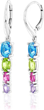 .925 Sterling Silver Oval Swiss Blue Topaz, Peridot, Pink Topaz & Rose De France Graduated Stone Rainbow Dangle Earrings