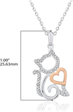 14K Rose Gold Plated .925 Sterling Silver 1/10 Cttw Diamond Kitty Cat with Heart Pendant Necklace on 18