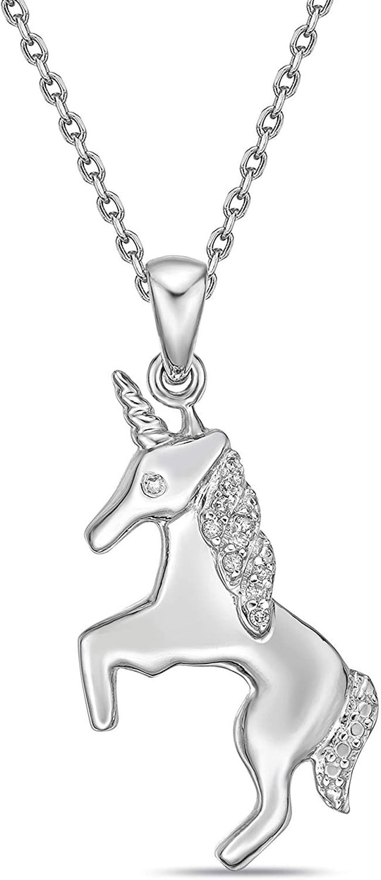 .925 Sterling Silver Diamond Accented Rearing Unicorn Horse Pendant Necklace with Cable Chain - 20” (I-J Color, I2-I3 Clarity)