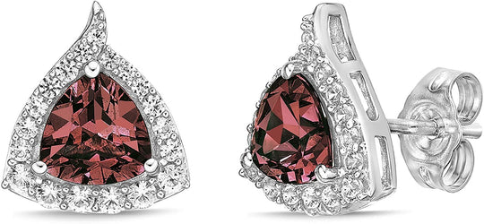 .925 Sterling Silver Trillion Cut Birthstone & Created White Sapphire Halo Stud Earrings - Choice of Birthstone/Month