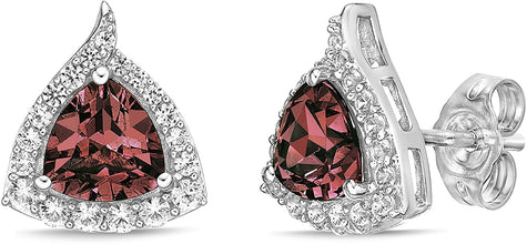 .925 Sterling Silver Trillion Cut Birthstone & Created White Sapphire Halo Stud Earrings - Choice of Birthstone/Month