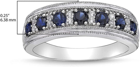 .925 Sterling Silver, Lab-Grown Gemstone & Lab-Grown White Sapphire Alternating Stone Milgrain Band-Style Statement Ring - Choice of Gemstone Color