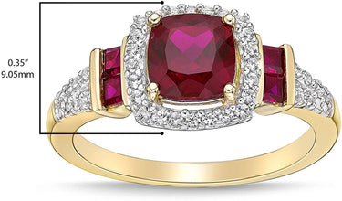 10K Yellow Gold, Cushion and Princess Cut Lab Created Gemstone & Lab Created White Sapphire Halo Fluted Engagement Ring - Choice of Color