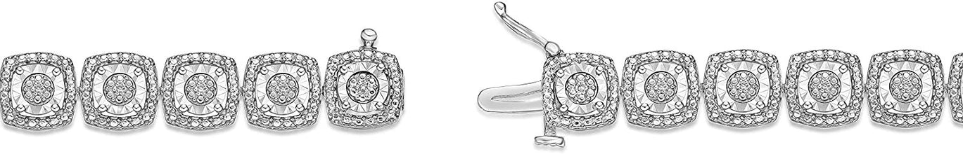 .925 Sterling Silver & 1/10 Cttw Diamond Miracle Set Square Cushion Shaped Halo Link Tennis Bracelet - 7-1/4