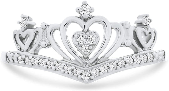 .925 Sterling Silver 1/10 Cttw Diamond Heart Crown V Shaped Band Style Fashion Ring (I-J Color, I2-I3 Clarity)