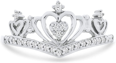 .925 Sterling Silver 1/10 Cttw Diamond Heart Crown V Shaped Band Style Fashion Ring (I-J Color, I2-I3 Clarity)
