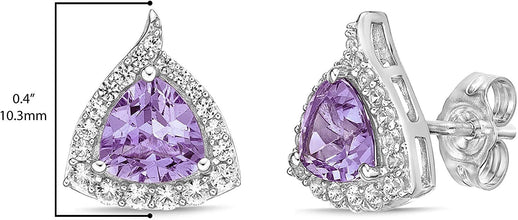 .925 Sterling Silver Trillion Cut Birthstone & Created White Sapphire Halo Stud Earrings - Choice of Birthstone/Month