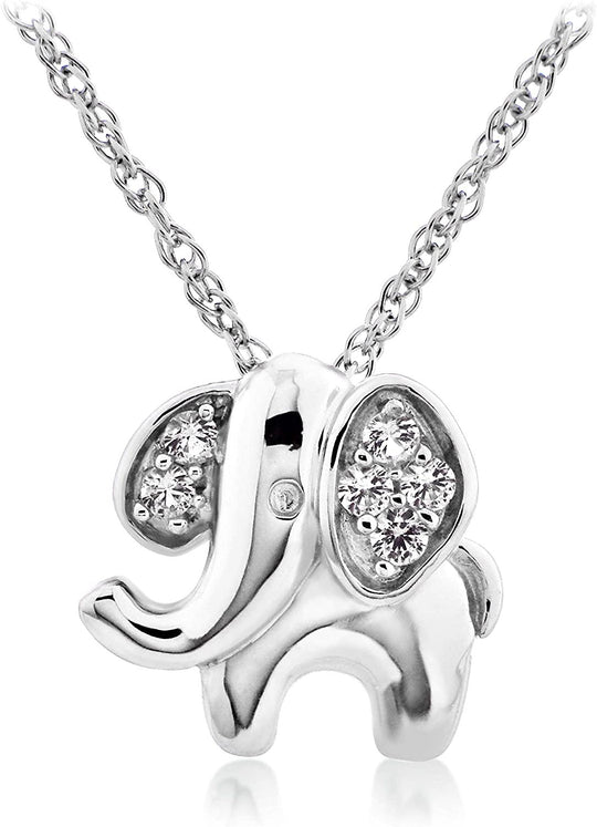 .925 Sterling Silver Lab Created White Sapphire Elephant Pendant Necklace on 18" Rope Chain