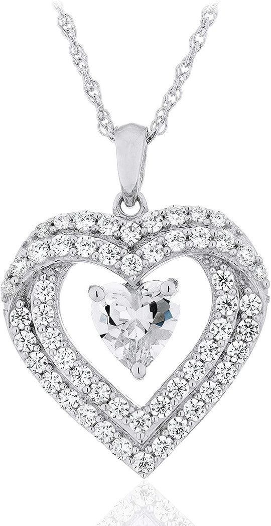 .925 Sterling Silver Heart Cut and Round Cubic Zirconia Heart Inside Double Row Halo Frame with Delicate Rope Chain Necklace - 18”